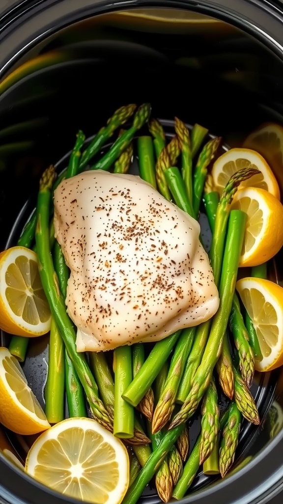 Lemon Pepper Chicken with Asparagus in a slow cooker.