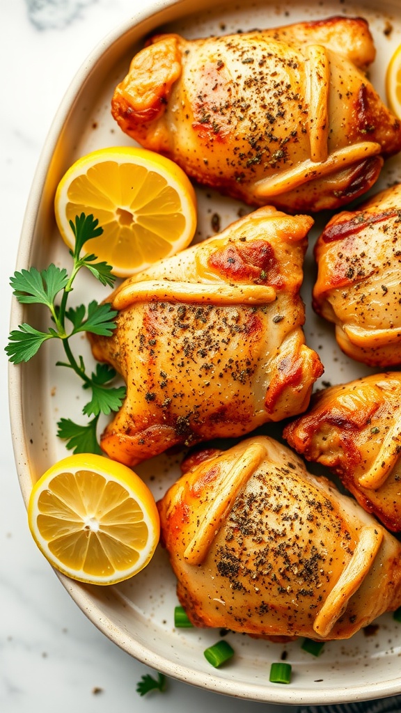 Crispy lemon pepper chicken thighs garnished with lemon slices and parsley.