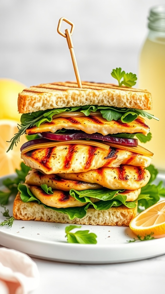 A delicious lemon rosemary grilled chicken sandwich stacked with fresh greens, served with lemon slices and lemonade.
