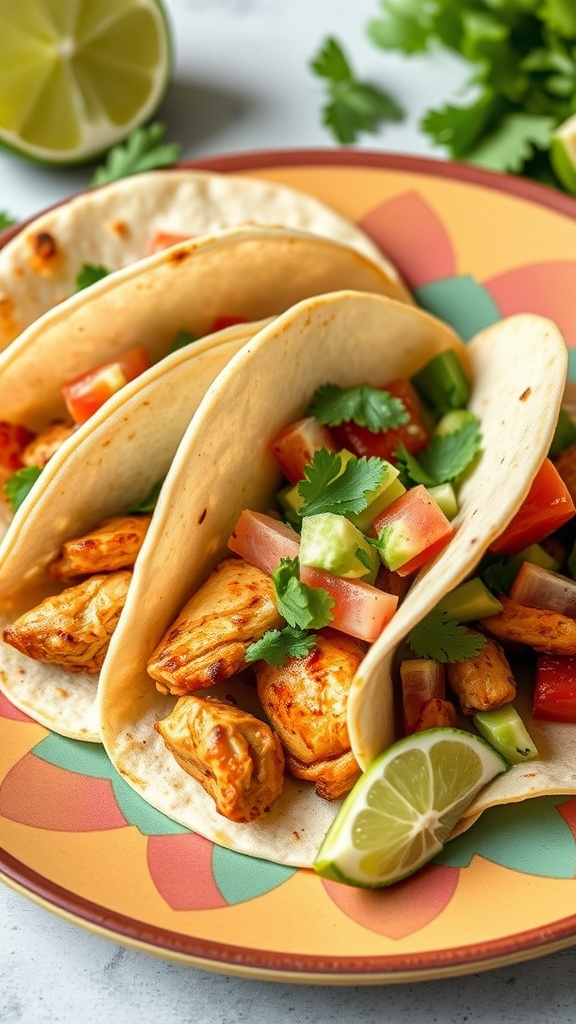Juicy chicken thigh tacos with cilantro and lime, topped with fresh vegetables.