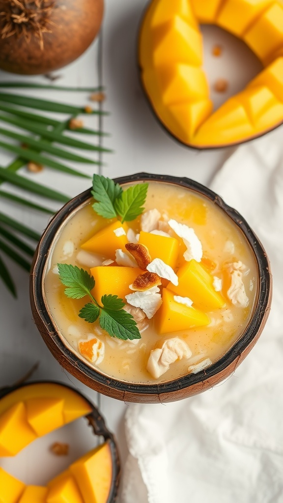 A bowl of Mango Coconut Chicken Soup topped with fresh mango and herbs.