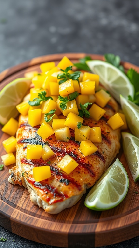 A plate of grilled chicken topped with fresh mango salsa and lime wedges.