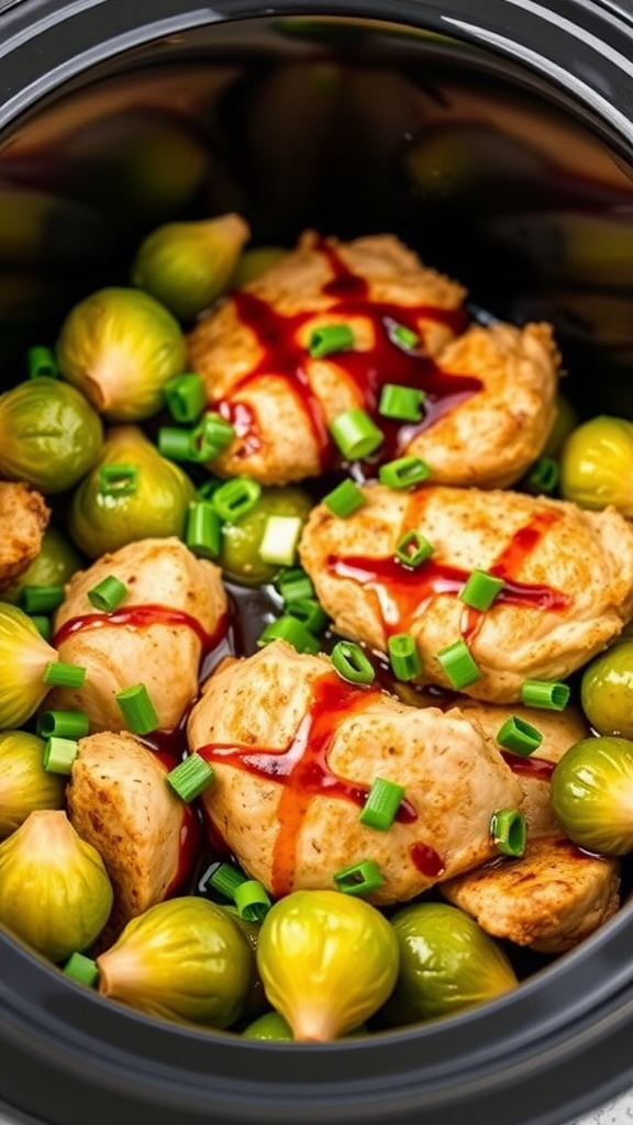 Slow cooker chicken breast with Brussels sprouts and garnished with green onions