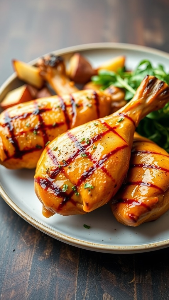 Delicious maple mustard glazed chicken drumsticks served with sides.