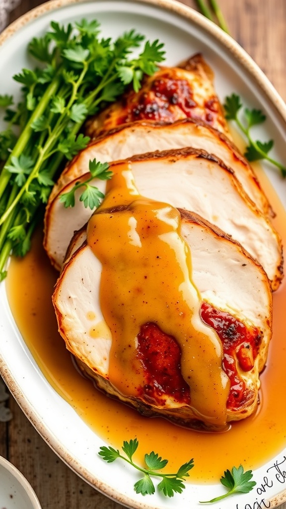 Maple mustard glazed turkey breast served on a plate with herbs.
