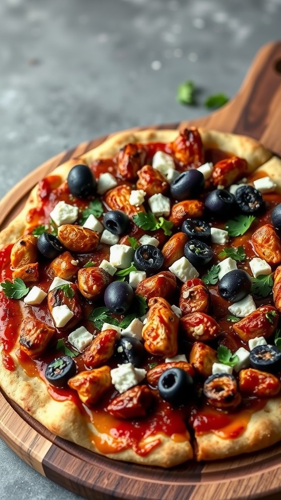 BBQ chicken pizza with olives and feta cheese
