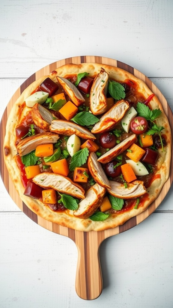 A Mediterranean BBQ flatbread topped with grilled chicken, colorful vegetables, and fresh herbs.