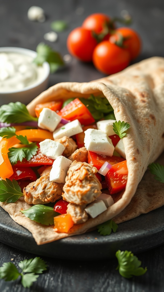 Mediterranean Chicken Pita Wraps with fresh vegetables