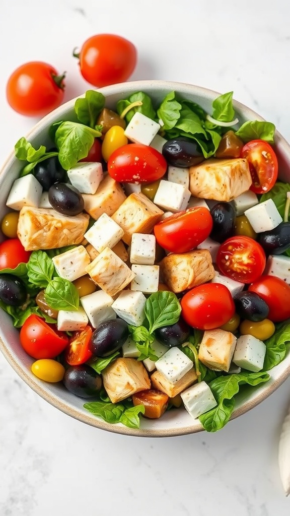 A vibrant Mediterranean chicken salad with diced chicken, cherry tomatoes, olives, feta cheese, and mixed greens.