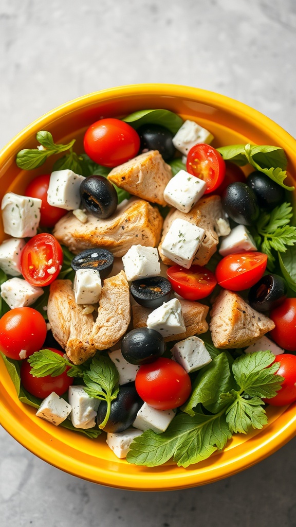 A colorful Mediterranean chicken salad with feta cheese and fresh vegetables.
