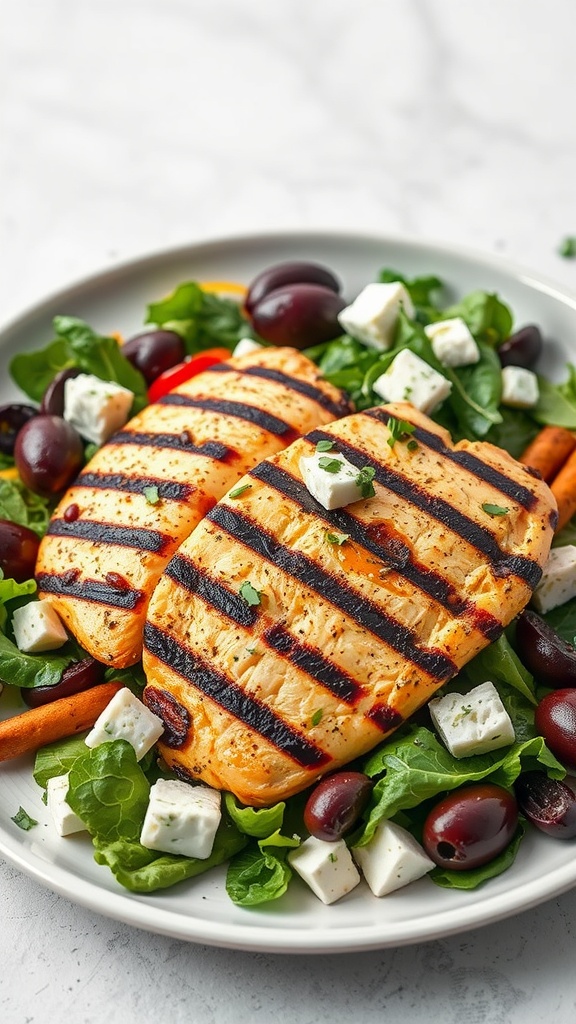 A fresh Mediterranean chicken strip salad with grilled chicken, greens, olives, and feta cheese.
