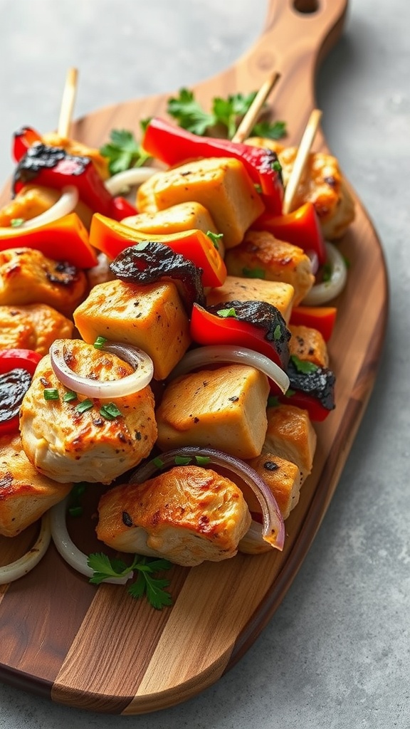 Mediterranean chicken thigh skewers with peppers and onions on a wooden platter.