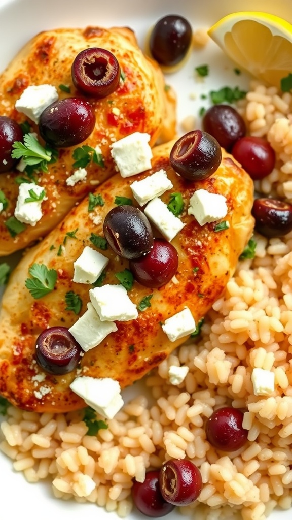 Plate of Mediterranean chicken thighs with olives and feta cheese