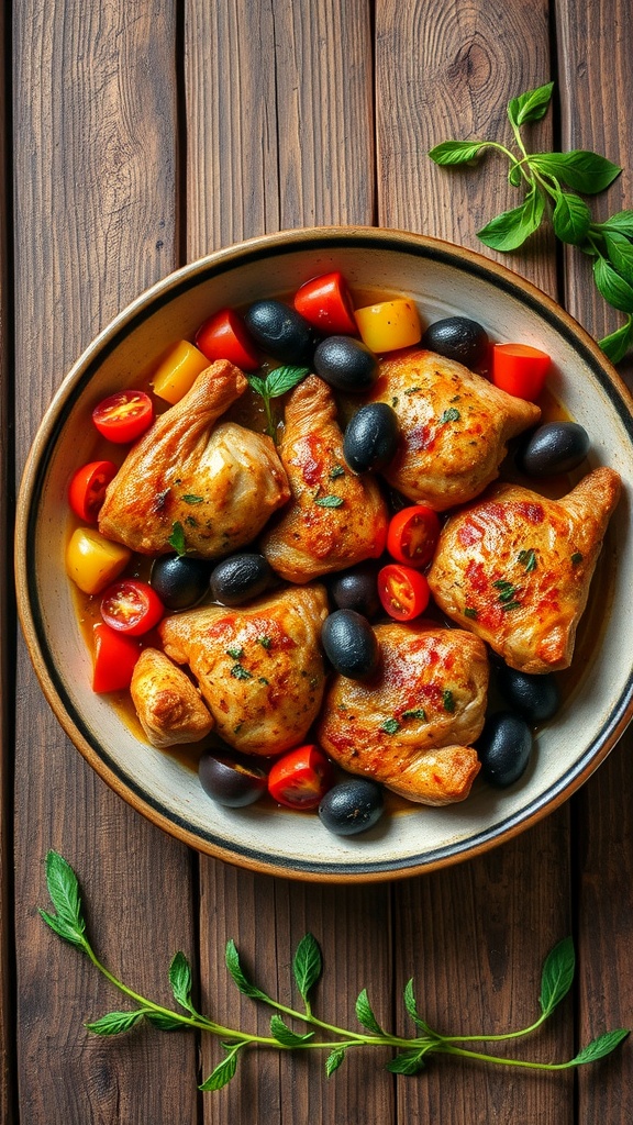 A plate of Mediterranean chicken thighs with olives, cherry tomatoes, and yellow bell peppers.