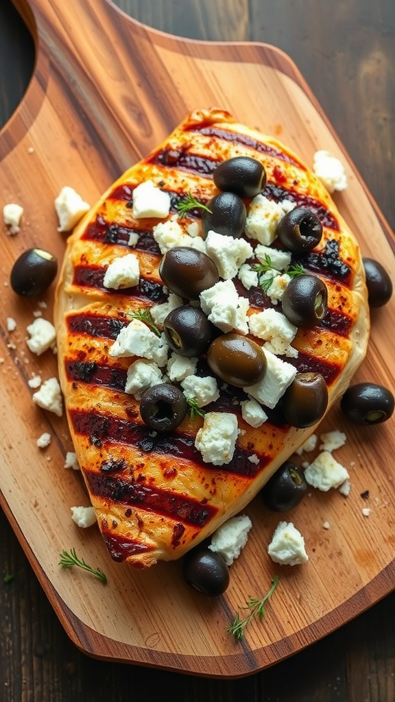 Grilled Mediterranean chicken topped with feta and olives