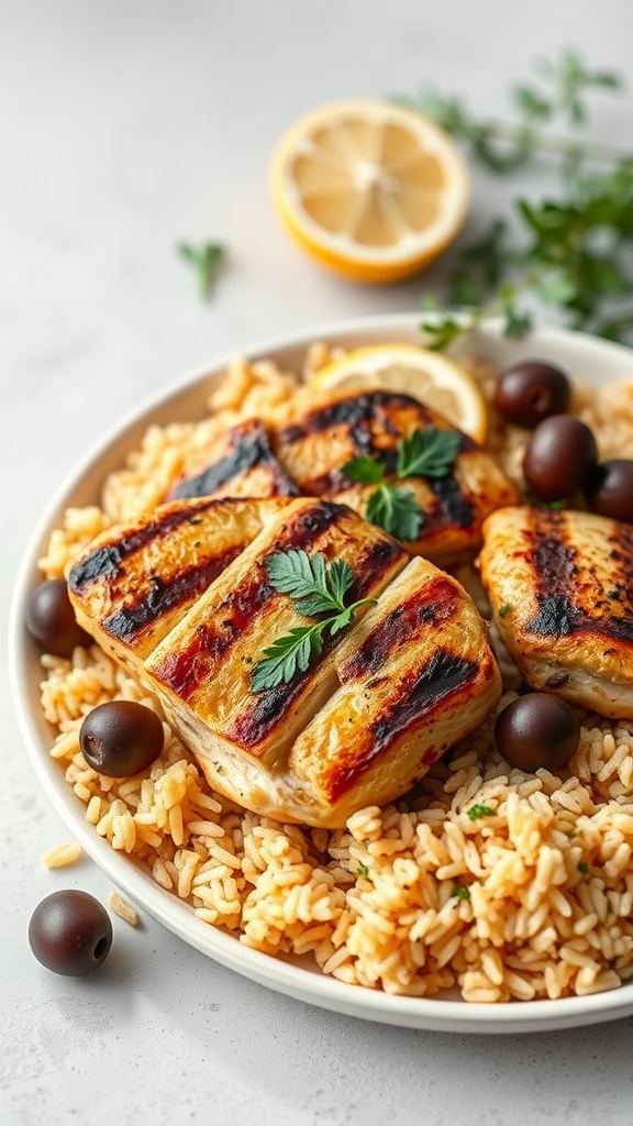 Plate of grilled chicken served with lemon rice pilaf and garnished with olives and parsley.