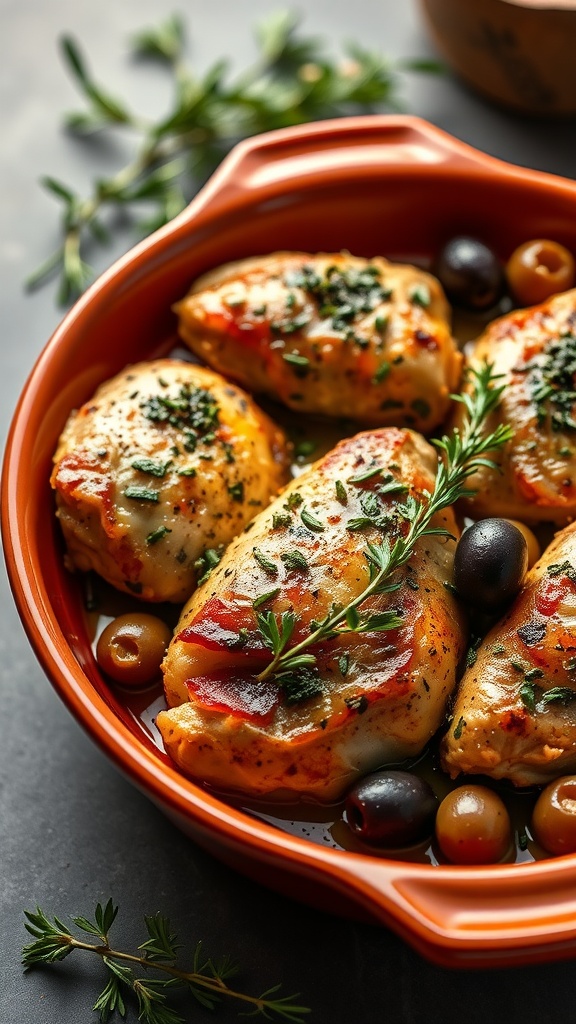 A bowl of Mediterranean chicken with olives and herbs.