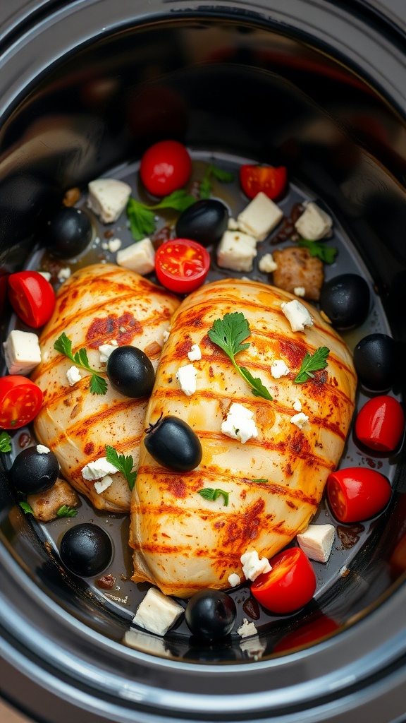 A delicious Mediterranean chicken dish with olives and tomatoes in a slow cooker.