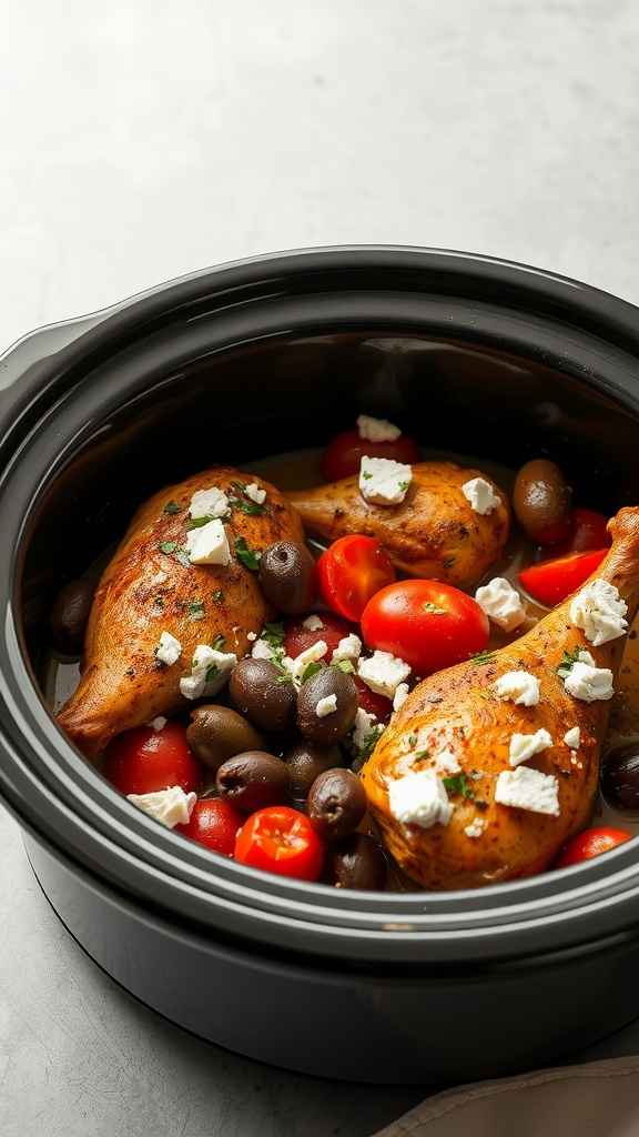 Crockpot Mediterranean chicken with olives, tomatoes, and feta cheese.