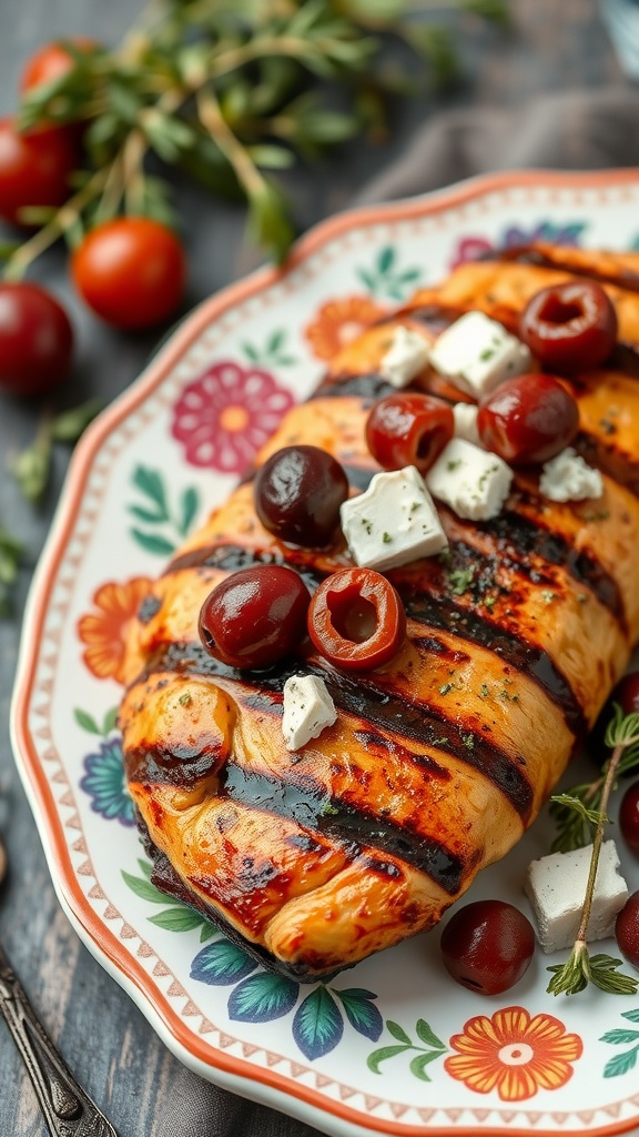 Grilled chicken topped with olives and feta on a colorful plate