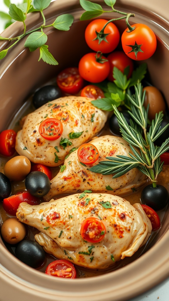 A delicious Mediterranean chicken dish with olives and tomatoes, slow cooked for a light summer dinner.