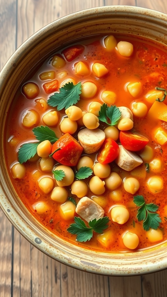 A bowl of Mediterranean Chickpea and Chicken Soup garnished with parsley