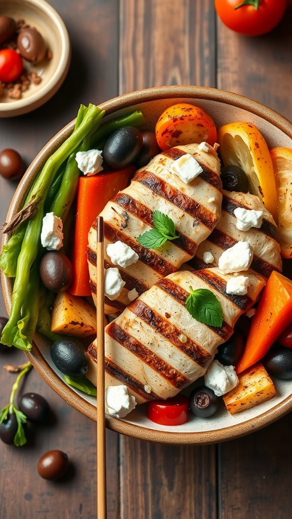 A colorful Mediterranean Grilled Chicken Bowl with grilled chicken, fresh vegetables, olives, and feta cheese.