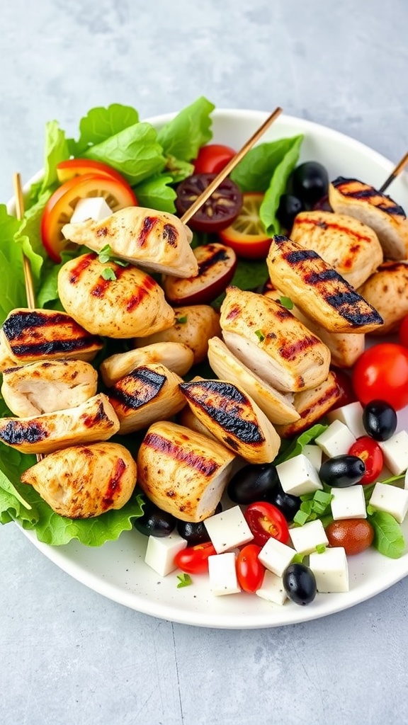 Grilled chicken skewers served with salad