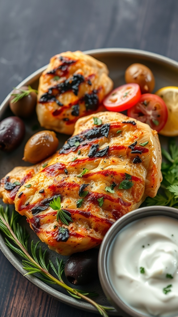Grilled chicken served with tzatziki and garnished with vegetables