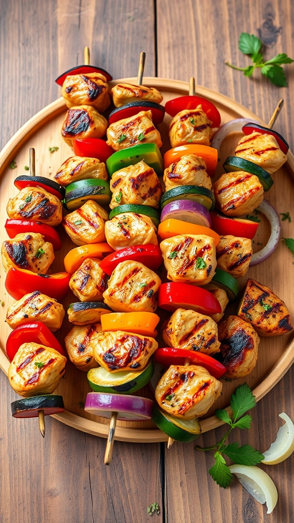 Grilled Mediterranean chicken skewers with colorful bell peppers on wooden platter.