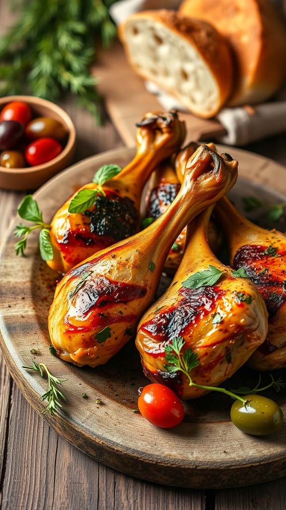 A plate of grilled Mediterranean herb chicken drumsticks garnished with herbs.