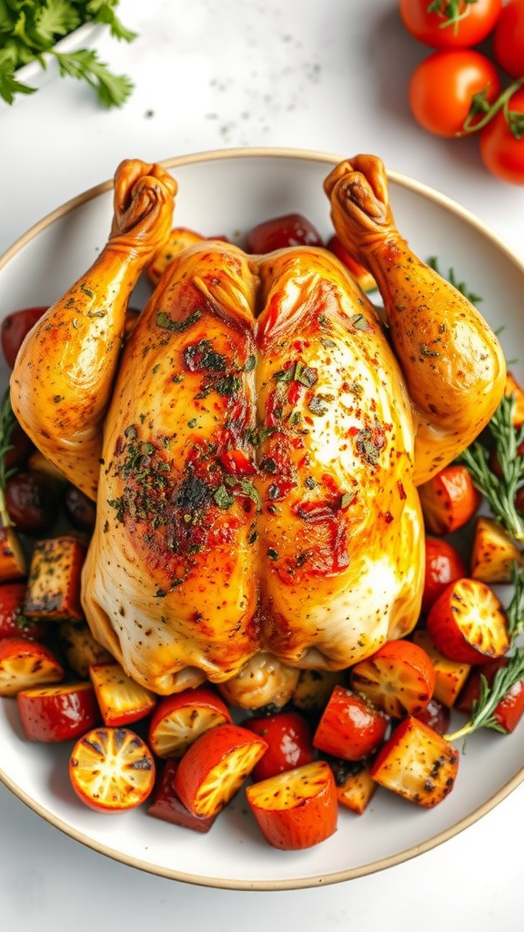 A beautifully roasted chicken seasoned with Mediterranean herbs, served with vegetables.