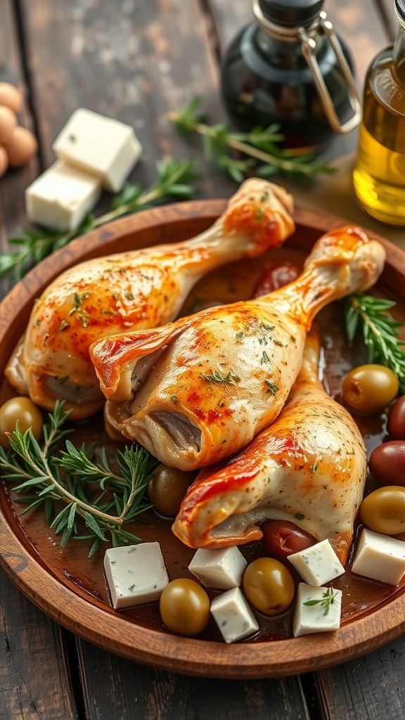 Grilled chicken legs marinated in a Mediterranean style with olive oil and oregano.
