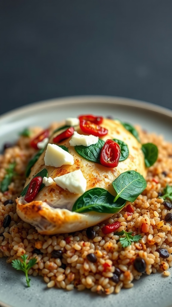 A plate of Mediterranean stuffed chicken served over couscous with spinach and sun-dried tomatoes.