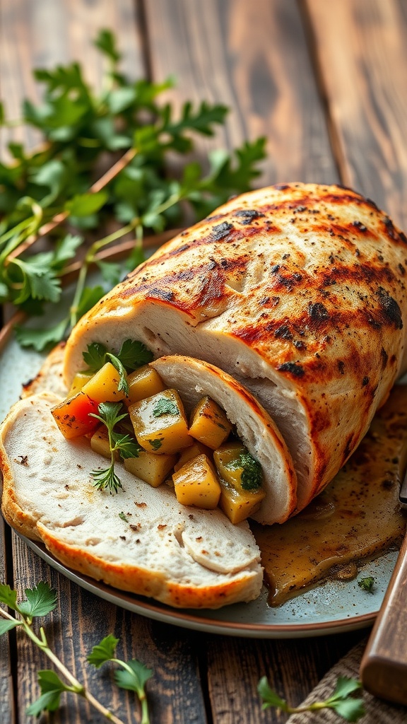 Grilled turkey breast stuffed with vegetables and herbs