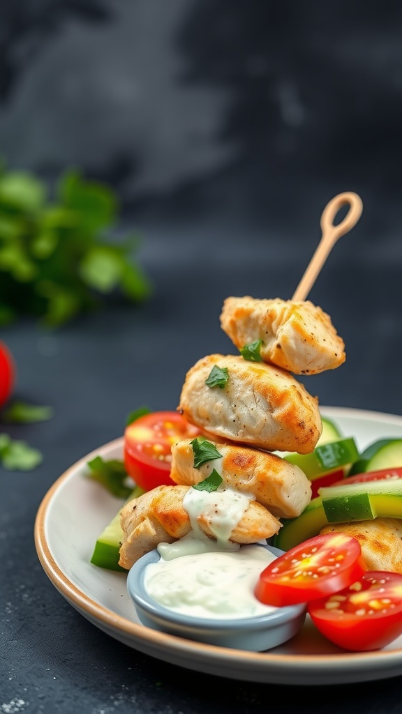 Mediterranean Tzatziki Chicken Skewers with vegetables and sauce
