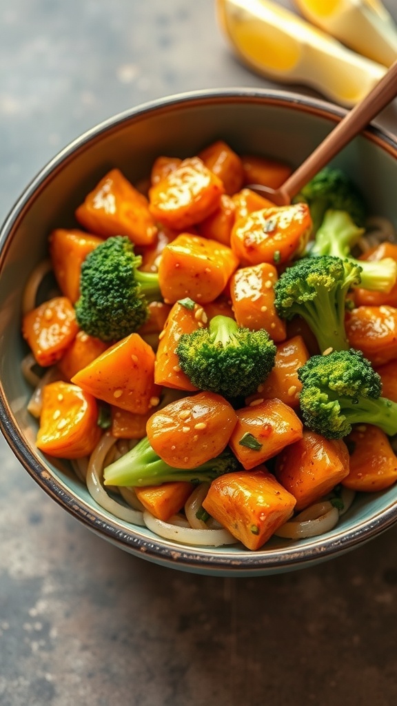 A bowl of orange ginger chicken and broccoli stir-fry, featuring vibrant orange pieces of chicken and bright green broccoli.