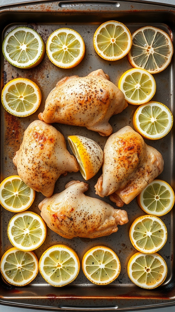A platter of oven-baked lemon pepper chicken thighs garnished with lemon slices.