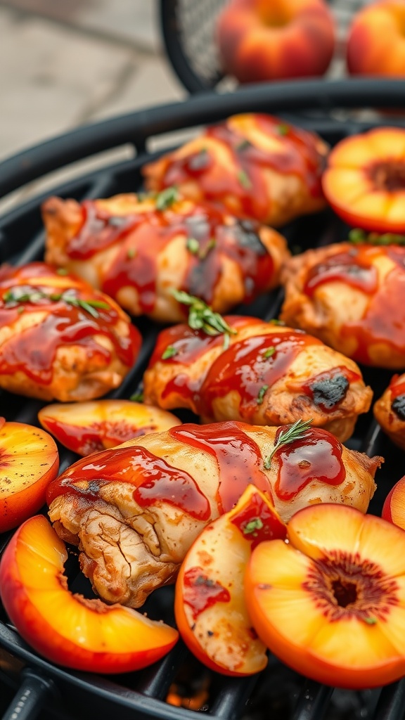 Deliciously grilled peach BBQ glazed chicken with fresh peaches on the grill.