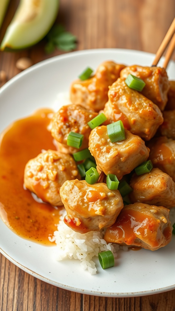 Peanut Satay Chicken Skewers with rice and peanuts