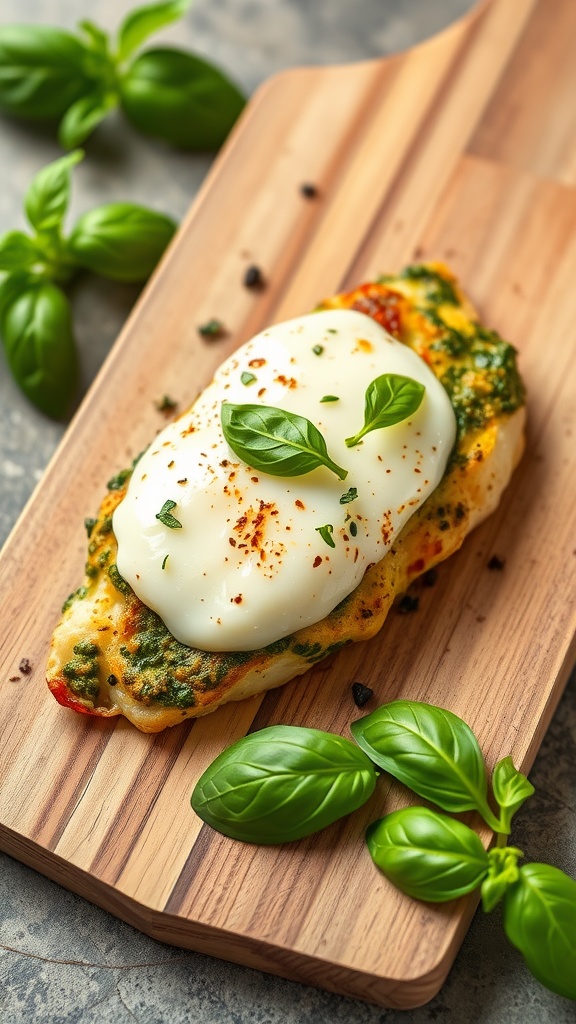 Pesto Baked Chicken with melted mozzarella cheese and fresh basil
