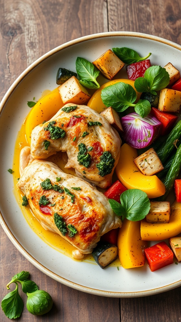 Pesto chicken thighs served with colorful roasted vegetables