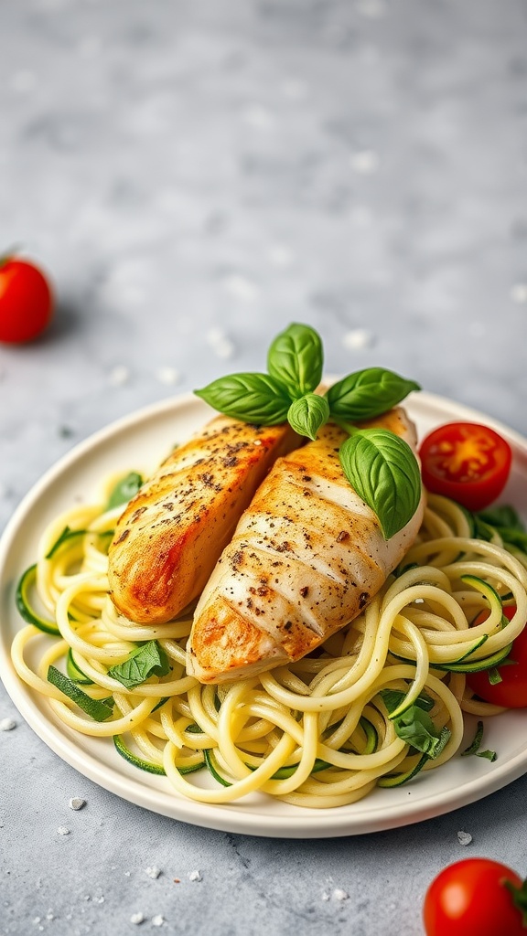 A plate of grilled pesto chicken served over zucchini noodles, garnished with fresh basil and cherry tomatoes.