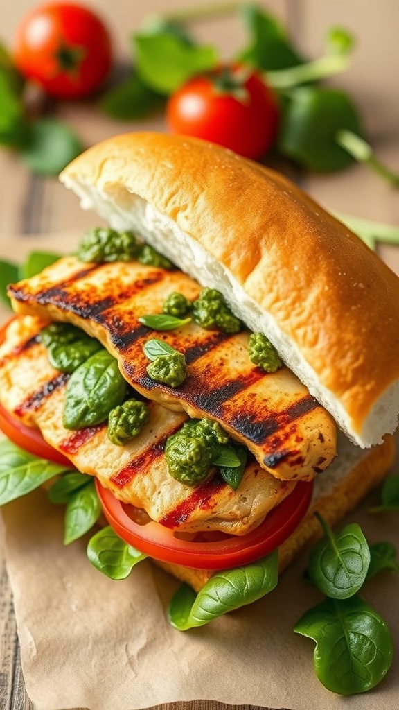 A delicious pesto grilled chicken sandwich with spinach and tomatoes.