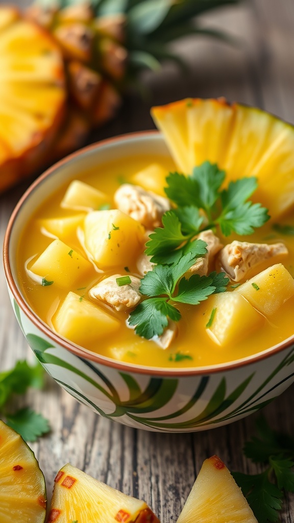 A bowl of pineapple chicken soup garnished with cilantro, surrounded by fresh pineapple slices.