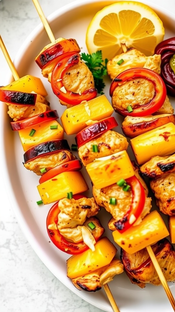 Delicious pineapple coconut chicken skewers arranged on a plate