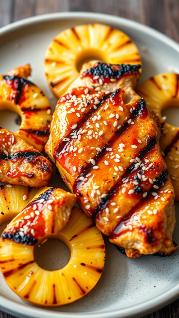 Delicious grilled pineapple teriyaki chicken served with pineapple slices.