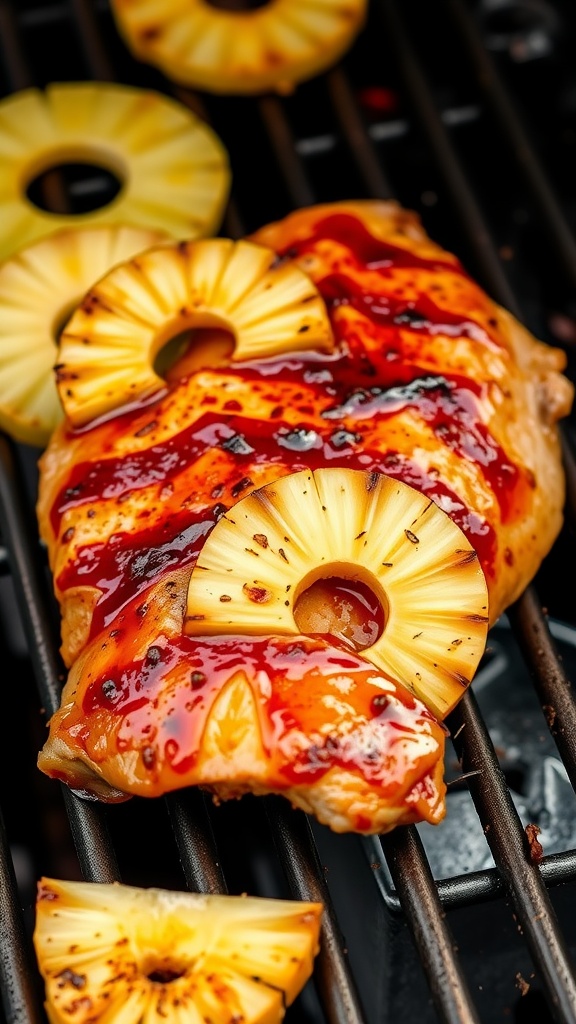 Grilled turkey breast with pineapple slices on the grill.