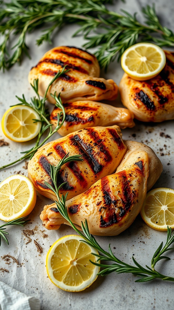 Grilled chicken breasts garnished with lemon slices and rosemary