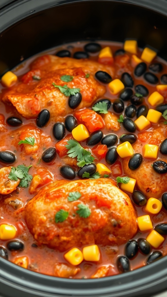 A bowl of Salsa Chicken with Black Beans featuring tender chicken breasts, black beans, corn, and cilantro.